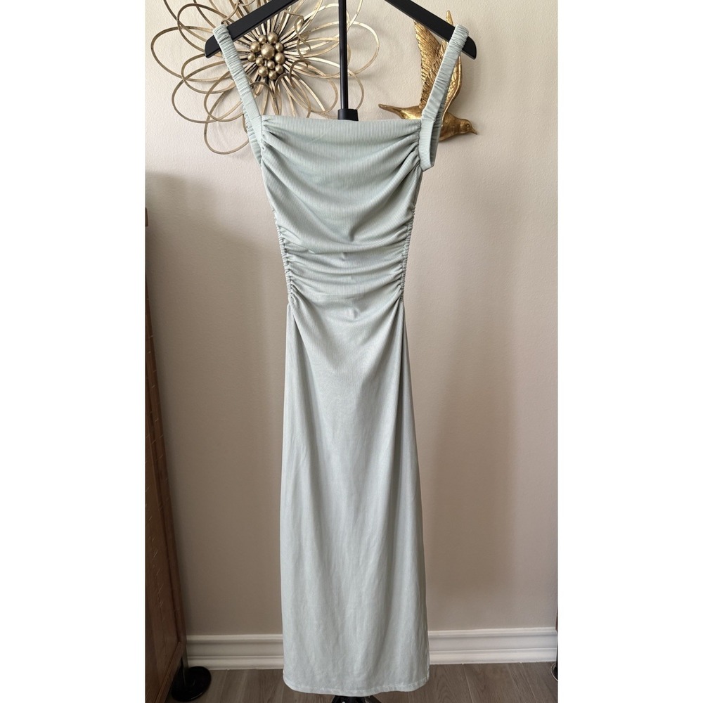 Princess Polly Midi Dress‎ US 4 Sage Green Ruched Bodycon Ribbed Slit Strappy